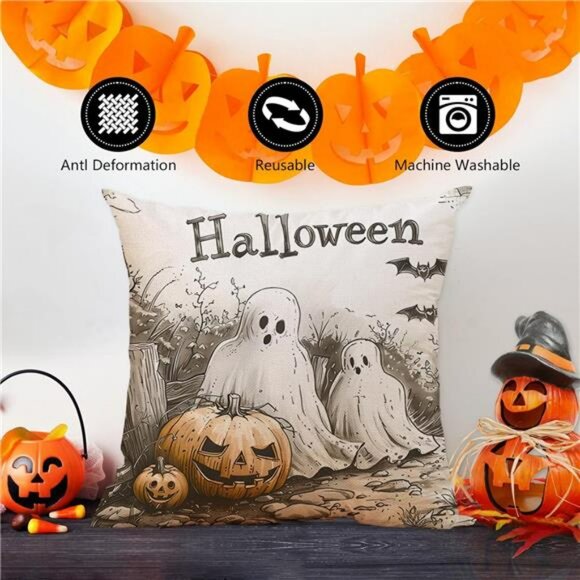 Halloween Pillow Covers 18x18 Set of 4 Trick or Treat Pumpkin Ghost Sofa Decor - Picture 5 of 7